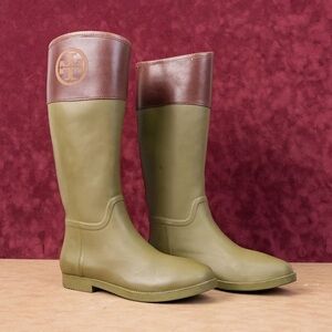 Tory Burch Army Green and Brown Rain Boots